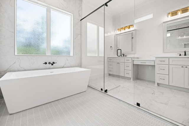 737 Burr Oak Ln, Weatherford, TX 76085 - full bathroom with a shower stall, marble finish floor, a freestanding bath, and vanity