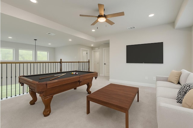 6810 Windward View Dr, Rowlett, TX 75088 - rec room featuring ceiling fan, light colored carpet, recessed lighting, billiards, and baseboards