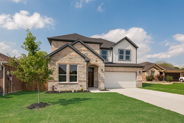 view of front of home with concrete driveway, an attached garage, board and batten siding, and a front yard
