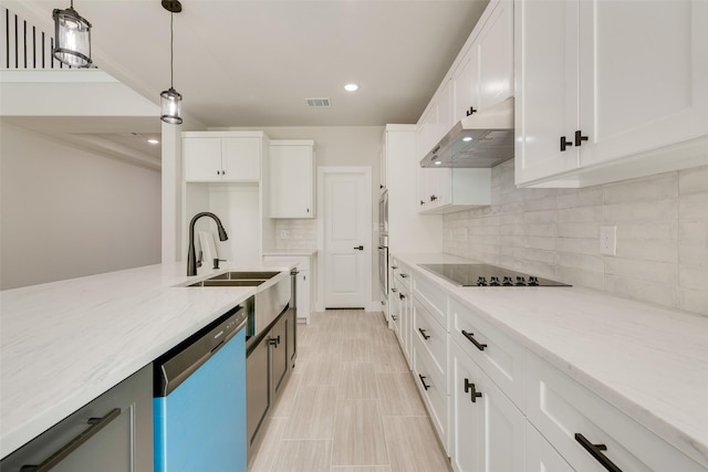 kitchen with a sink, white cabinets, under cabinet range hood, and dishwasher