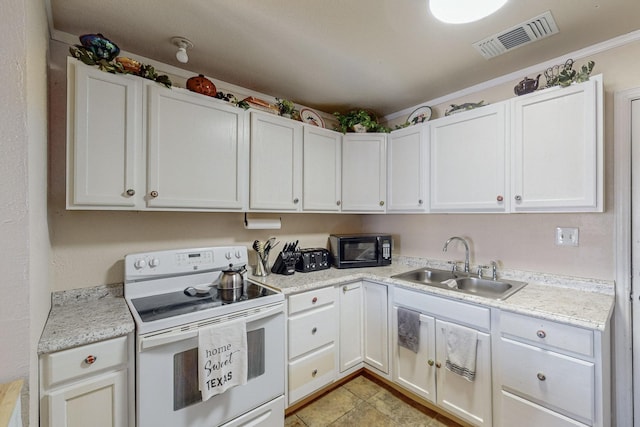 231 Dove Hill Ln, Weatherford, TX 76088 - kitchen featuring white electric range oven, a sink, visible vents, black microwave, and light countertops