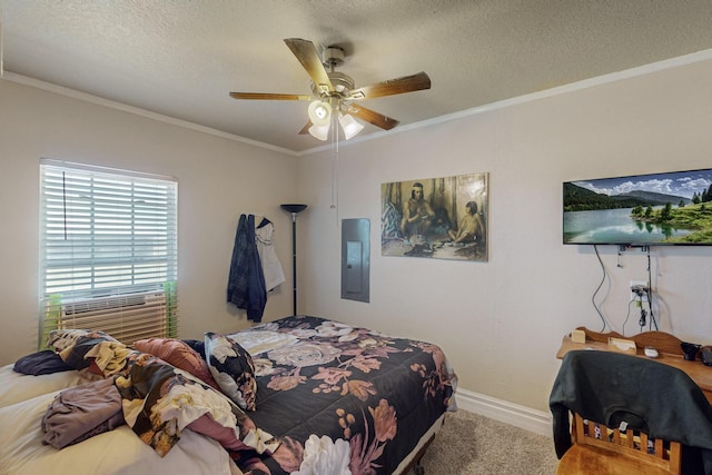 231 Dove Hill Ln, Weatherford, TX 76088 - bedroom featuring electric panel, carpet flooring, a textured ceiling, and ornamental molding