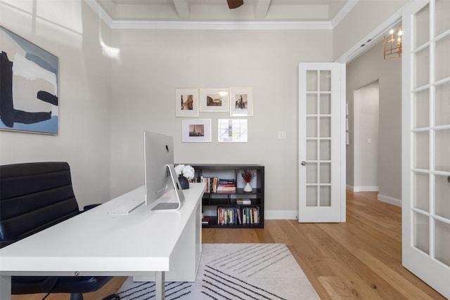 office featuring crown molding, light wood-style floors, french doors, beamed ceiling, and baseboards