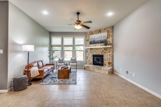 5220 Grove Cove Dr, Mckinney, TX 75071 - living room with recessed lighting, a stone fireplace, baseboards, and ceiling fan