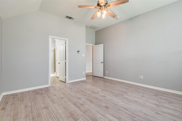5220 Grove Cove Dr, Mckinney, TX 75071 - unfurnished room featuring high vaulted ceiling, ceiling fan, light wood-style flooring, baseboards, and visible vents