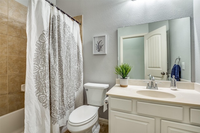 5220 Grove Cove Dr, Mckinney, TX 75071 - bathroom with a textured wall, toilet, vanity, and shower / bathtub combination with curtain