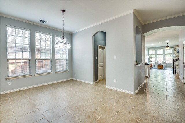 5220 Grove Cove Dr, Mckinney, TX 75071 - empty room with arched walkways, visible vents, ornamental molding, and ceiling fan with notable chandelier