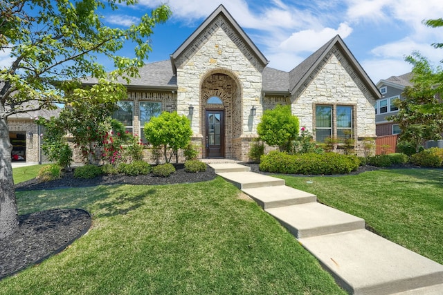 996 Heather Falls Dr, Rockwall, TX 75087 - french country inspired facade featuring stone siding, a front lawn, and brick siding