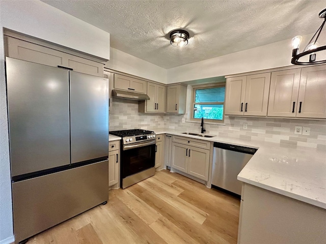 kitchen with light wood finished floors, under cabinet range hood, backsplash, a sink, and appliances with stainless steel finishes
