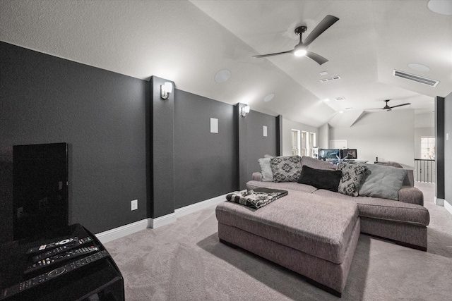 9300 Pecan Woods Trl, Argyle, TX 76226 - carpeted cinema featuring ceiling fan, lofted ceiling, and baseboards
