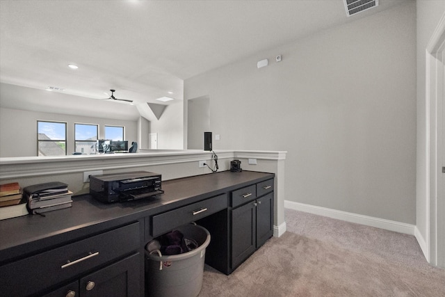 9300 Pecan Woods Trl, Argyle, TX 76226 - laundry area featuring light colored carpet, ceiling fan, an office area, baseboards, and recessed lighting