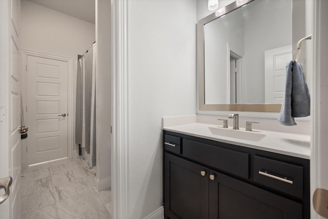 9300 Pecan Woods Trl, Argyle, TX 76226 - full bath featuring marble finish floors, vanity, baseboards, and a shower with shower curtain