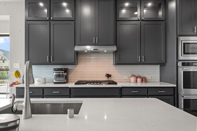 9300 Pecan Woods Trl, Argyle, TX 76226 - kitchen with under cabinet range hood, tasteful backsplash, a sink, appliances with stainless steel finishes, and glass insert cabinets