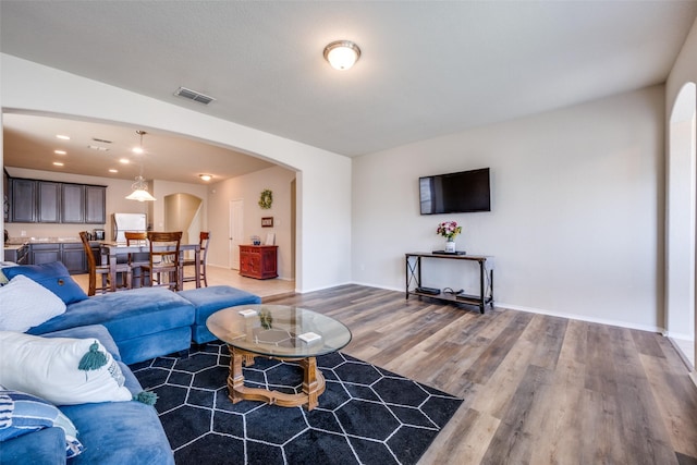 3412 San Lucas Ln, Denton, TX 76208 - living room with arched walkways, wood finished floors, baseboards, and recessed lighting