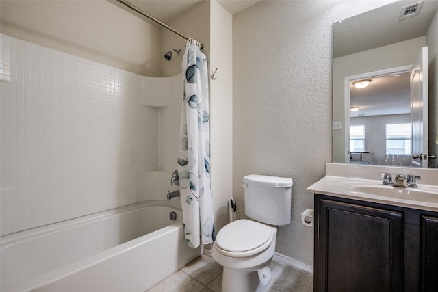 3412 San Lucas Ln, Denton, TX 76208 - full bath with tile patterned flooring, toilet, shower / bathtub combination with curtain, vanity, and a textured wall