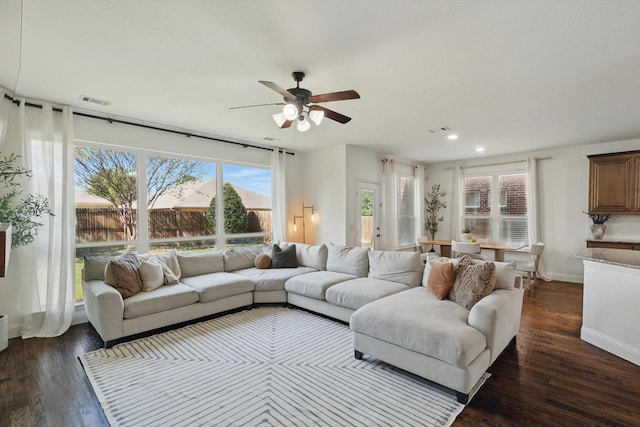 1308 Kittyhawk Dr, Little Elm, TX 75068 - living room with a ceiling fan, dark wood-style floors, baseboards, and recessed lighting
