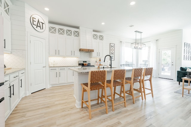 kitchen featuring tasteful backsplash, electric stove, a sink, and light wood-type flooring