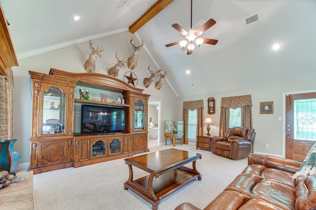 carpeted living area featuring visible vents, beam ceiling, baseboards, recessed lighting, and a ceiling fan