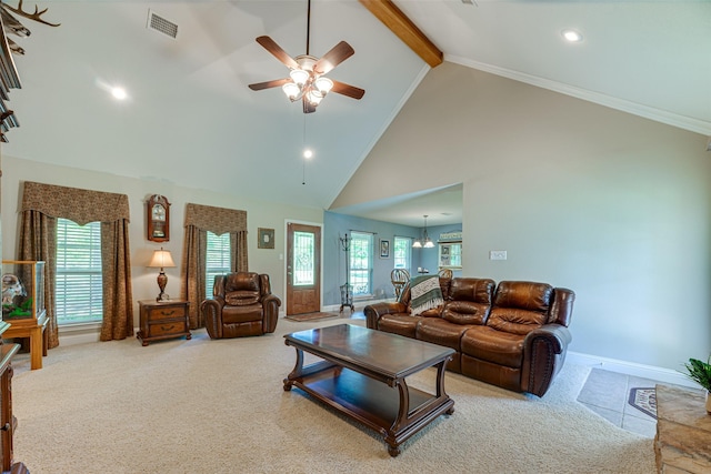 carpeted living area with ceiling fan, beam ceiling, high vaulted ceiling, plenty of natural light, and visible vents
