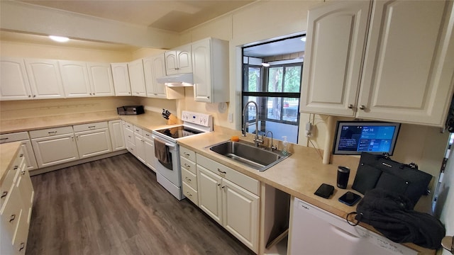 kitchen featuring a sink, white cabinetry, white appliances, under cabinet range hood, and dark wood-type flooring