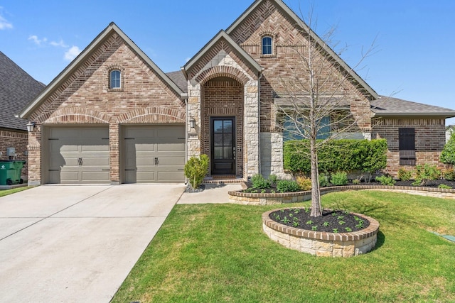 french country home with an attached garage, brick siding, driveway, and a front yard