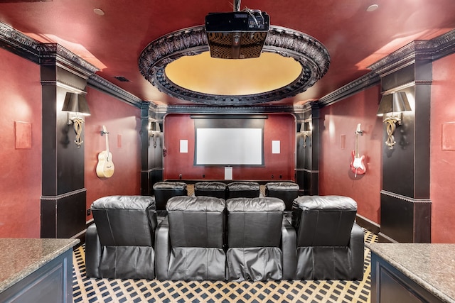 cinema with visible vents and crown molding