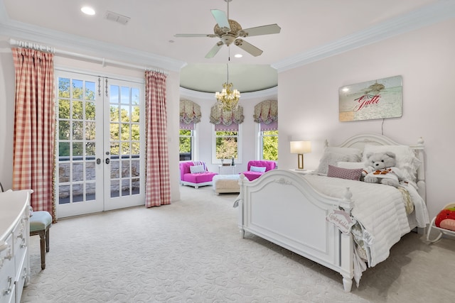 bedroom featuring visible vents, recessed lighting, light colored carpet, access to outside, and ornamental molding