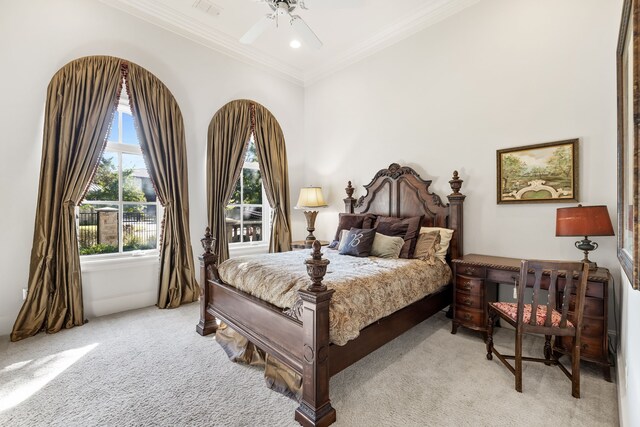 bedroom with ceiling fan, ornamental molding, recessed lighting, and light colored carpet
