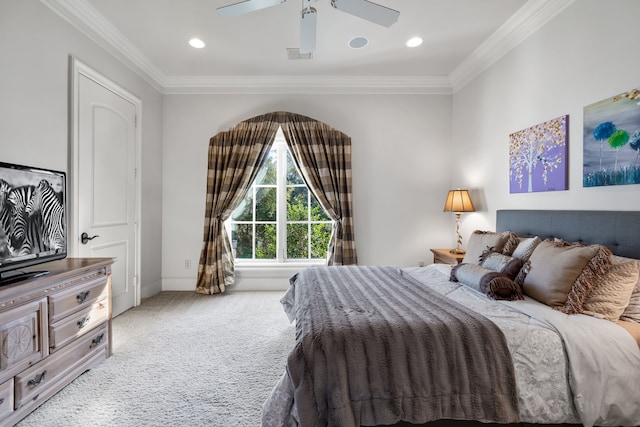 bedroom featuring recessed lighting, visible vents, ornamental molding, baseboards, and carpet flooring