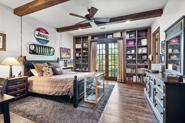 bedroom featuring french doors, visible vents, beam ceiling, and dark wood-type flooring