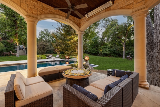view of patio with an outdoor hangout area, a ceiling fan, and an outdoor pool