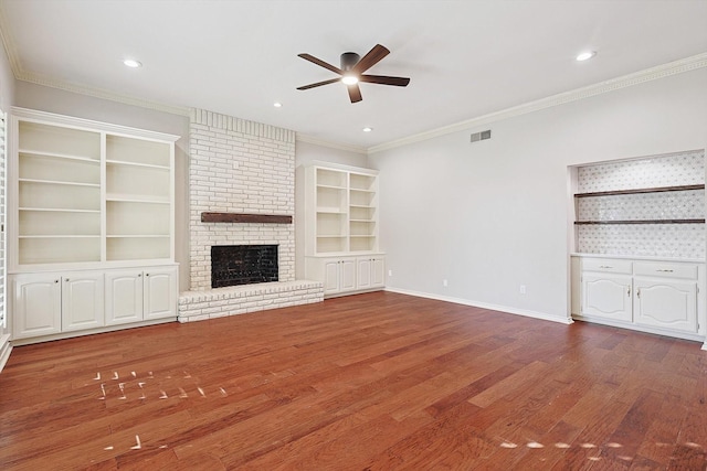 3027 Squireswood Dr, Carrollton, TX 75006 - unfurnished living room featuring a ceiling fan, wood finished floors, baseboards, ornamental molding, and a brick fireplace