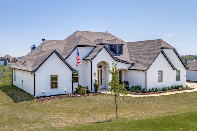 120 Southern Ct, Springtown, TX 76082 - french country home featuring a front lawn, brick siding, and roof with shingles