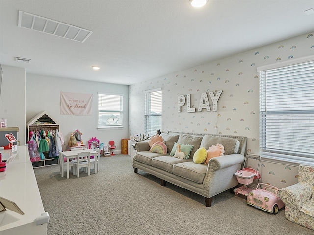 220 Glenwood Dr, Oak Point, TX 75068 - living room with carpet flooring, visible vents, and wallpapered walls