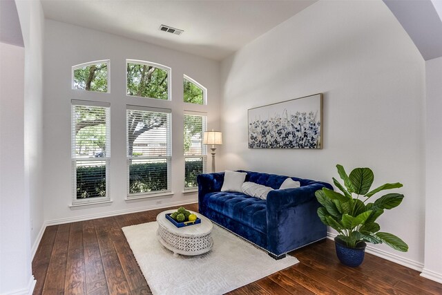 6807 Lagoon Dr, Grand Prairie, TX 75054 - living area with wood-type flooring, baseboards, and a towering ceiling