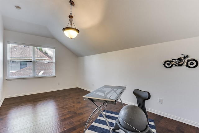 6807 Lagoon Dr, Grand Prairie, TX 75054 - home office featuring lofted ceiling, wood finished floors, and baseboards