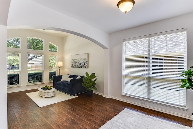 6807 Lagoon Dr, Grand Prairie, TX 75054 - living area featuring arched walkways, dark wood-style floors, and baseboards