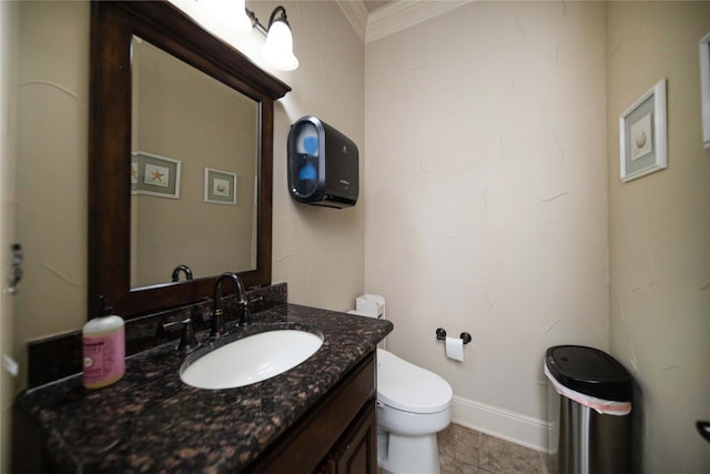 2905 White Dove Dr, Plano, TX 75093 - half bathroom featuring crown molding, vanity, and tile patterned flooring