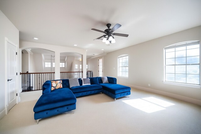 2905 White Dove Dr, Plano, TX 75093 - living area featuring a ceiling fan, carpet floors, recessed lighting, and arched walkways