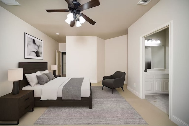 2905 White Dove Dr, Plano, TX 75093 - bedroom with light colored carpet, ensuite bath, and ceiling fan