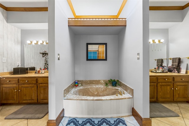 bathroom featuring vanity, a garden tub, and tile patterned flooring