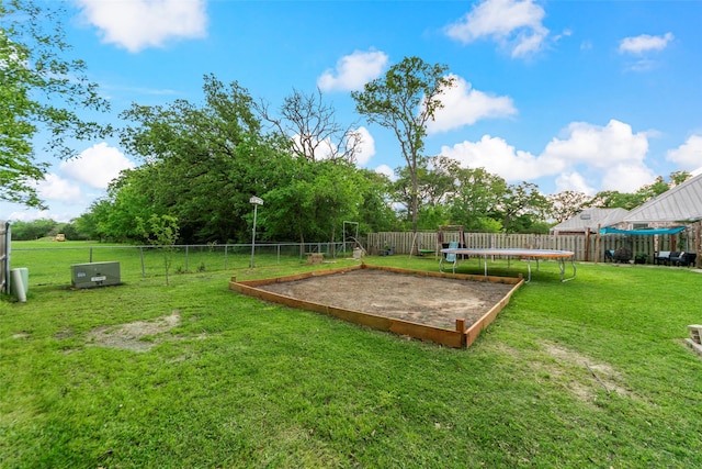view of yard with a fenced backyard and a trampoline