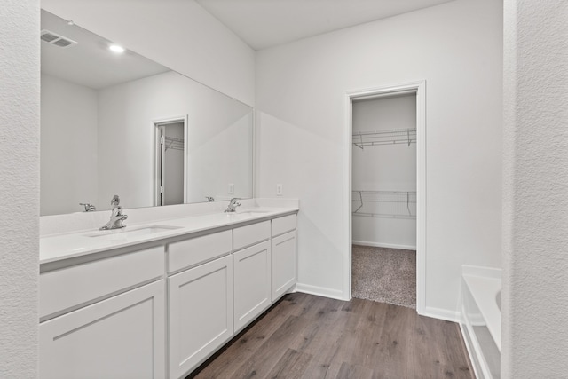 bathroom with double vanity, wood finished floors, a spacious closet, and a sink