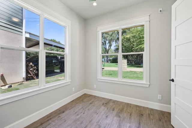 spare room featuring wood finished floors, baseboards, and a wealth of natural light