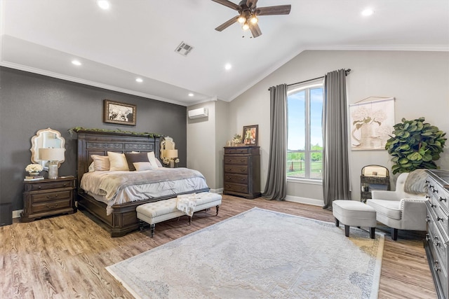 bedroom with recessed lighting, visible vents, a wall unit AC, light wood-style floors, and crown molding
