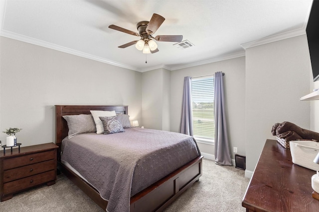 bedroom with visible vents, baseboards, ornamental molding, and light colored carpet