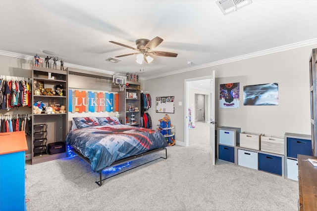bedroom with visible vents, carpet, and crown molding