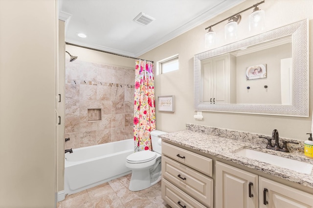 bathroom with vanity, shower / tub combo, toilet, ornamental molding, and visible vents