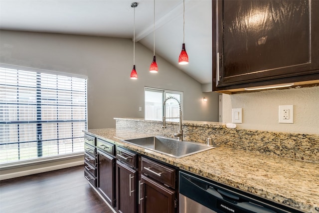 4430 Chapman St, The Colony, TX 75056 - kitchen with dark wood finished floors, dark brown cabinets, stainless steel dishwasher, and a sink