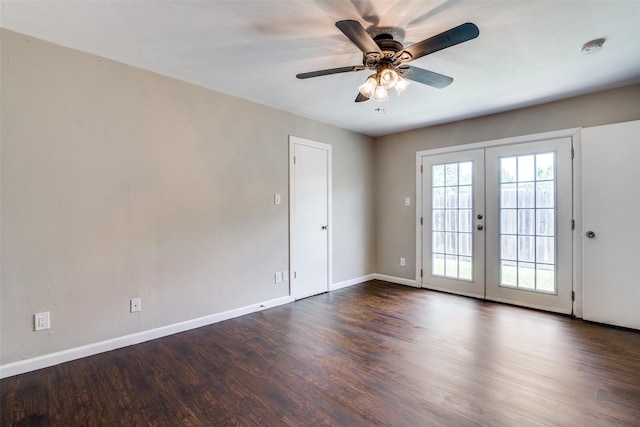 4430 Chapman St, The Colony, TX 75056 - empty room with french doors, baseboards, a ceiling fan, and dark wood-style flooring